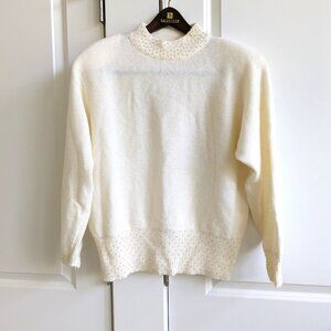 Vtg Yarnworks Sweater Women L Cream Lambswool Angora Pearl Beads Winter Bride